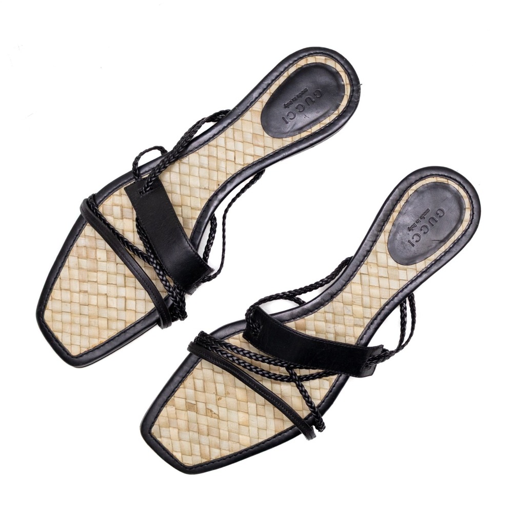 Gucci Flat Sandals Black Leather Braided Straps Slides EU 38.5 UK 5.5 US 8.5